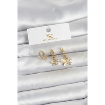 Pirinç Gold Renk Kelebek Model 3'lü Kadın Küpe Elk-bjtıeg Çok Renkli