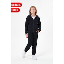 Panios Kids 3 İplik Düz Fermuarlı Kız Çocuk Eşofman Takımı Siyah