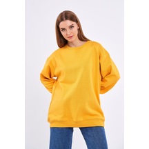 MMetalic Sarı Kadın Pamuklu Oversize Basic Bisiklet Yaka Sweatshirt