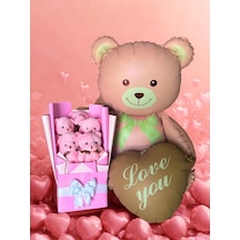Kalpli Balonlu Ayıcık İle Pembe Peluş Ayıcık Buketi Özel Hediye Seti