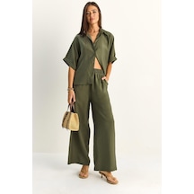 Shade Kadın Oversize Kısa Kol Gömlek Beli Lastikli Geniş Paça Pantolon Takım 7651 60286138 - Haki