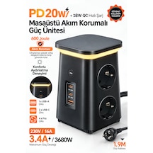Çoklu Akım Korumalı Masaüstü Priz 4 Priz, 2 Usb-c + Usb-a, Pd 20w & Qc 18w Hızlı Şarj, 3680w, Led Aydınlatmalı 1.9 M