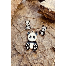 Patili Panda Siyah Beyaz Mineli Altın Renk Çelik Çocuk Takı Set