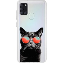 Samsung Galaxy A21s İle Uyumlu 1mm Slim Fit Kedi 3 050d Baskılı Şeffaf Kılıf Şeffaf
