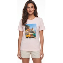 Onloox Kadın Toz Pembe Toz Pembe Pamuklu Bisiklet Yaka Kısa Kollu Italy Temalı Baskılı Günlük Örme T-shirt