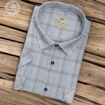 Linen Keten Klasik %100 Cotton Kısa Kollu Terletmeyen İki Cepli Kapaklı Mavi Gömlek Regular Kalıp -10188 Mavi