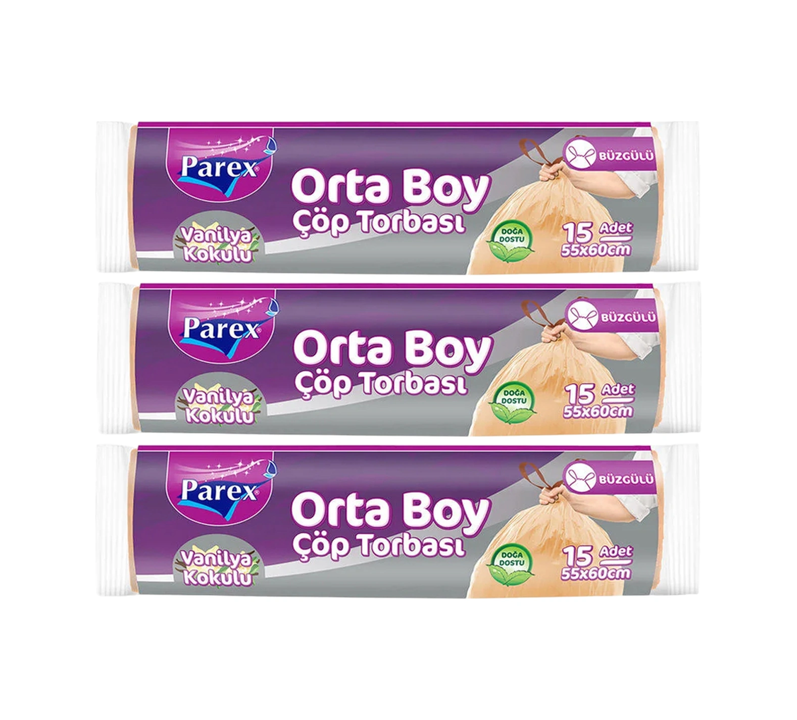 Büzgülü Çöp Torbası Vanilya Kokulu Orta Boy 15'li 55 X 60 Cm Üçlü Paket