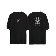 Thewert Unisex Çizgili Örümcek Ön Arka Baskılı Sıyah Oversize T-shirt Siyah