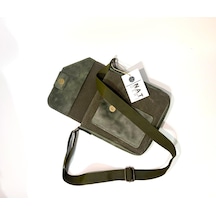 Natderi Hakiki Deri Ve Kanvas Omuz Çantası 20x21 Cm Ayarlanabilir Askılı, Ön Cepli Unisex Günlük Çanta Haki