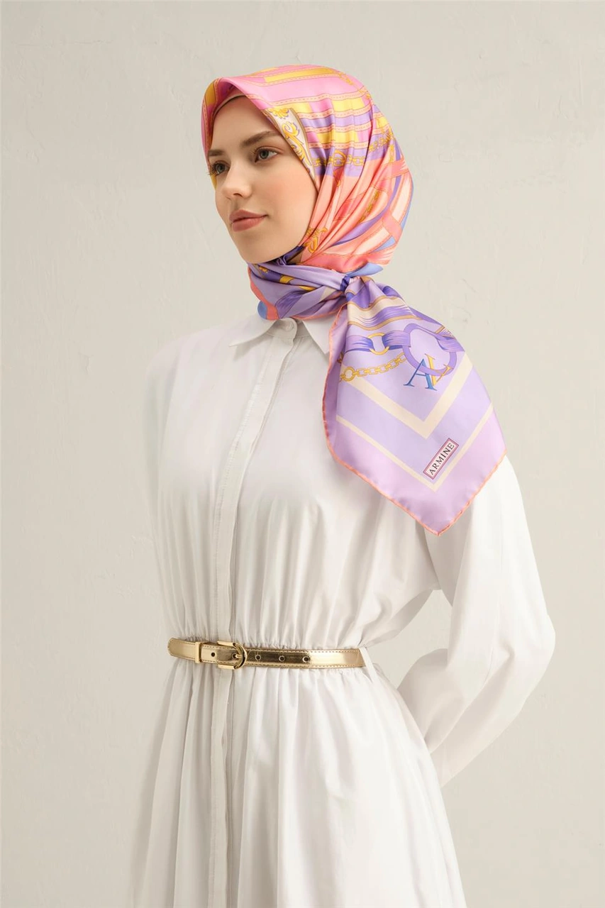 Armine Klasik Desenli Saf İpek Twill Eşarp 9315d 50 Lila