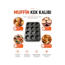 12'li Yapışmaz Muffin Kek Kalıbı Cupcake, Mini Tart Ve Tuzlu Atıştırmalık Pişirme Tepsisi Siyah
