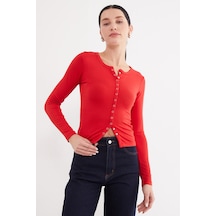 Fullamoda Önü Çıtçıtlı Ribanalı Slim Fit Bluz Kırmızı
