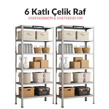 Çelik Raf 6 Katlı 2'li 31x75x200 & 31x93x200cm Raf Sistemi, Depo Rafı, Arşiv Rafı, Kiler Rafı, Çok Amaçlı Raf Galvaniz