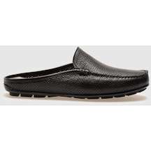 Cabani Hakiki Deri Siyah Lazer İşlemeli Erkek Günlük Terlik Siyah