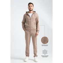 Shooter Sportswear Erkek Kışlık Eşofman Takımı Thermosoft Teknolojisi İçi Kuzu Görünümlü Regular Kalıp Minimal Logo Kapüşonlu Vizon