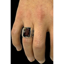 Erkek Yüzük 925 Ayar Kırmızı Taşlı Osmanlı Tuğralı Ve Armalı Gümüş Yüzük G714027