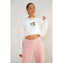 Powerpuff Girls Gang 2 Baskılı Crop Kadın Beyaz Sweatshirt