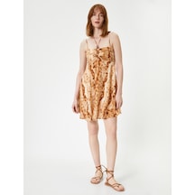 Koton Mini Elbise Boyundan Bağlamalı Askılı Boncuklu Viskon Keten Karışımlı Kahverengi Desenli 4sak80302ew