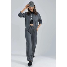 Fiolin Modal Dokulu Fermuarlı Sweatshirt & Pantolon İkili Takım Füme