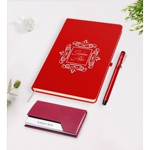 Kişiye Özel Isimli Kırmızı Defter Kalem Kartvizitlik Hediye Seti- (505048509)