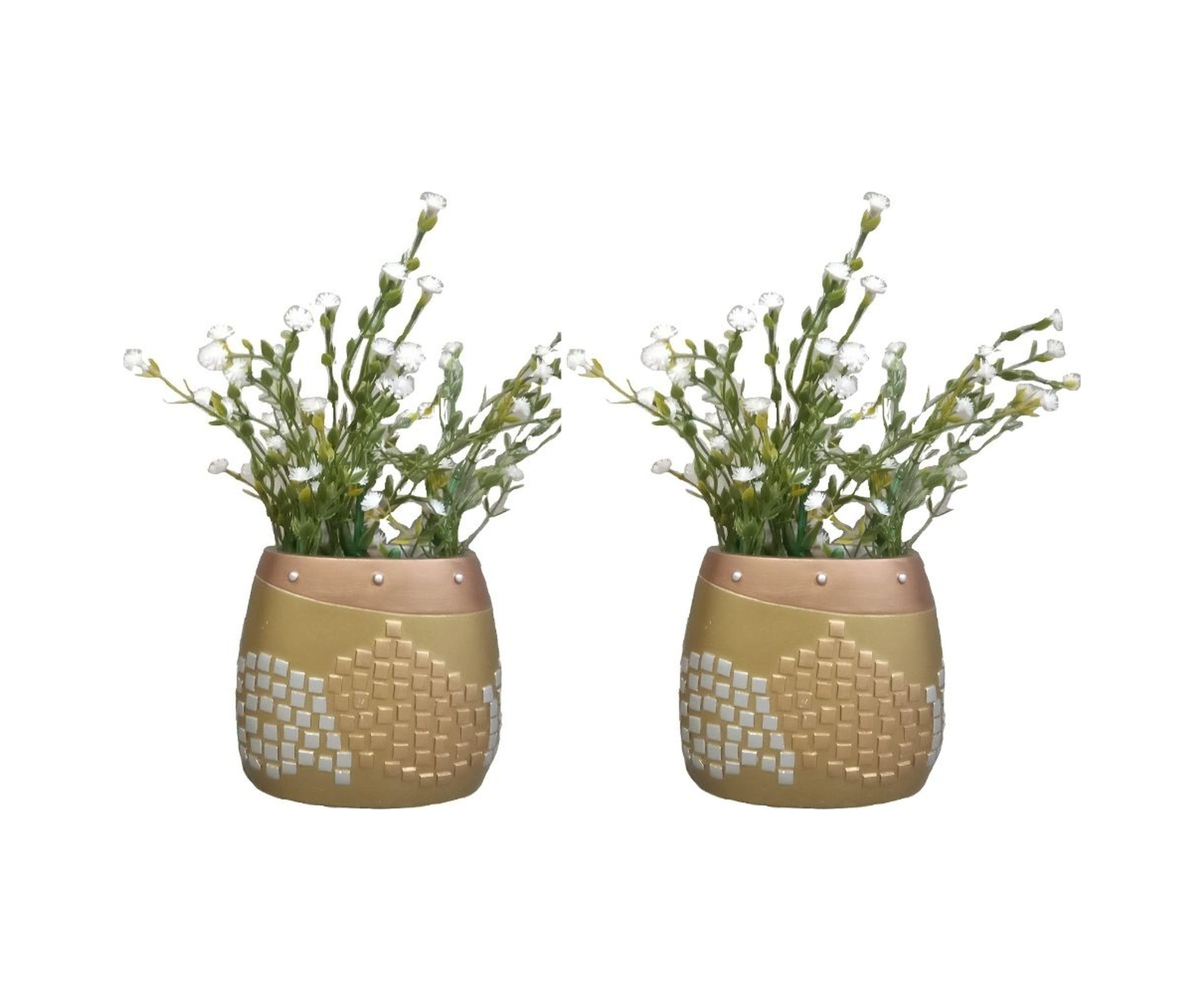 2 Adet Vazo Dahil,vazoda Çiçek,beyaz Yapay Çiçek,vazo Dekoratif Altın Mozaik Poliresin 10x15x5cm Çok Renkli