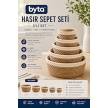 5'li Hasır Sepet Seti Doğal El Örgüsü Dekoratif Düzenleyici Organizer Saklama Sepeti 23-21-18-16-13 Cm Kahverengi