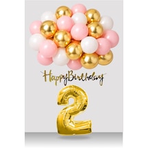 2 Yaş Retro Gold Pembe Beyaz Balon Happy Birthday Banner Gold Rakam Doğum Günü Süsü Çok Renkli
