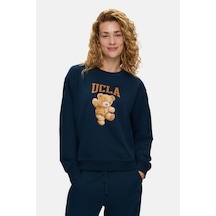 UCLA Lyra Lacivert Bisiklet Yaka Baskılı Pamuklu Loose Fit Kadın Sweatshirt