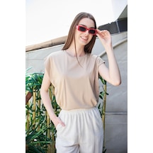 Jument Şık Likralı Span Kumaş Kolsuz Geniş Sıfır Yaka Düşük Omuzlu Basic Tshirt Bluz-koyu Bej K.bej