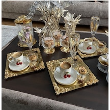 Atabey Home Collection 2'li Kahve & Çay & Sunum Tepsisi Metal Döküm Kare Gold Tepsi Gül Model