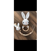 Amigurumi Tavşan Çıngırak Seti Bebek Hediyelik İsimli Emzik Zincr Çok Renkli