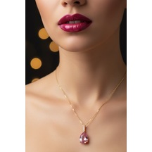 Altın Renk Sıra Taşlı Pembe Damla Model Sf Zincir Çelik Kolye - 3746 Çok Renkli
