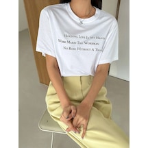 Beyaz Oversize Slogan T-shirt - Oversize Baskılı Beyaz
