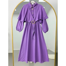Lovie Moda Beli Lastikli Gold Toka Detaylı Tesettür Elbise Mor