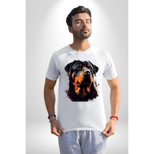 Sulu Boya Rottweiler Unisex Unisex Beyaz Organik Baskılı T-shirt Penye Yüksek Kalite Beyaz
