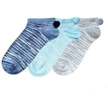 3Lü Paket Lacivert/Mavi/Gri Ponponlu Patik Kadın Çorabı