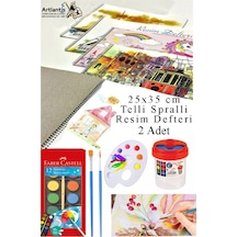 12 Renk Sulu Boya 25x35 Cm Telli Spralli Resim Defteri Resim Paleti Resim Fırçası Temizleme Kabı Suluboya Okul Öğrenci Çok Renkli
