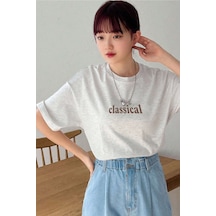 Unisex Classical Baskılı Oversize Tshirt Gri