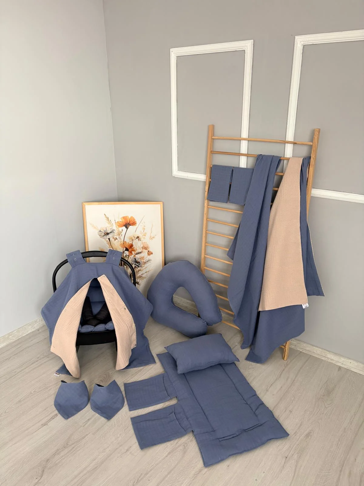 %100 Pamuk 9 Parça Çift Taraflı İndigo Muslin Vizon Pike Set İndigo