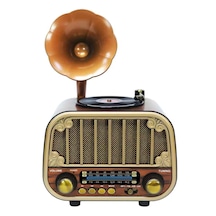 Dexxony Md-1318 Nostaljik Gramofon Görünümlü Şarjlı Bluetooth Radyo Ahşap Retro Hoparlör Fm/am/sw, Usb, Tf, Aux