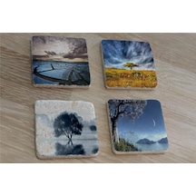 Tek Ağaçlı Manzaralar Doğal Taş Bardak Altlığı 4'lü Set - Natural Stone Coasters - Taş Mavi
