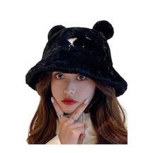 Tezzgelsin Kadın Sevimli Ayı Kulak Peluş Bucket Şapka Siyah