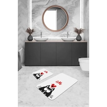 Ekru Kedi Desenli Banyo Halısı Klozet 2'li Paspas Seti Bs249n11