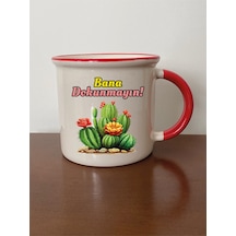 Bana Dokunmayın Yazılı Kırmızı Ağızlı Kupa Bardak - Seramik Çay, Kahve Hediyelik Bardağı Beyaz