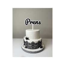 2 Adet Prens Yazılı Pasta Süsü Cake Topper - Kişiye Özel Renk Seçenekli Pasta Dekoru - Siyah/beyaz