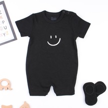 Kısa Kollu Siyah Bebek Tulumu Smile Baskılı Yazlık Bebek Barbatöz Kısa Tulum - 9-12 Ay