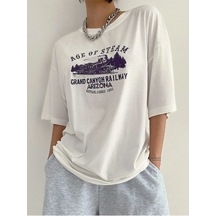 Flood Of Style Kadın Beyaz Age Of Steam Baskılı Oversize Bisiklet Yaka Tshirt