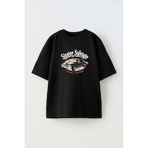 Thewert Unisex Singer Salvage Tasarım Baskılı Pamuk Sıyah Oversize T-shirt Siyah