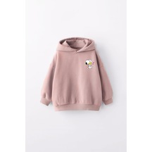 Kız Çocuk Snoopy Baskılı Kapüşonlu Manşetli Sweatshirt Pudra