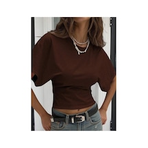 Cool Tarz Kadın Yarasa Kol Belden Oturtmalı Pamuklu T-shirt Acı Kahve Acı Kahve